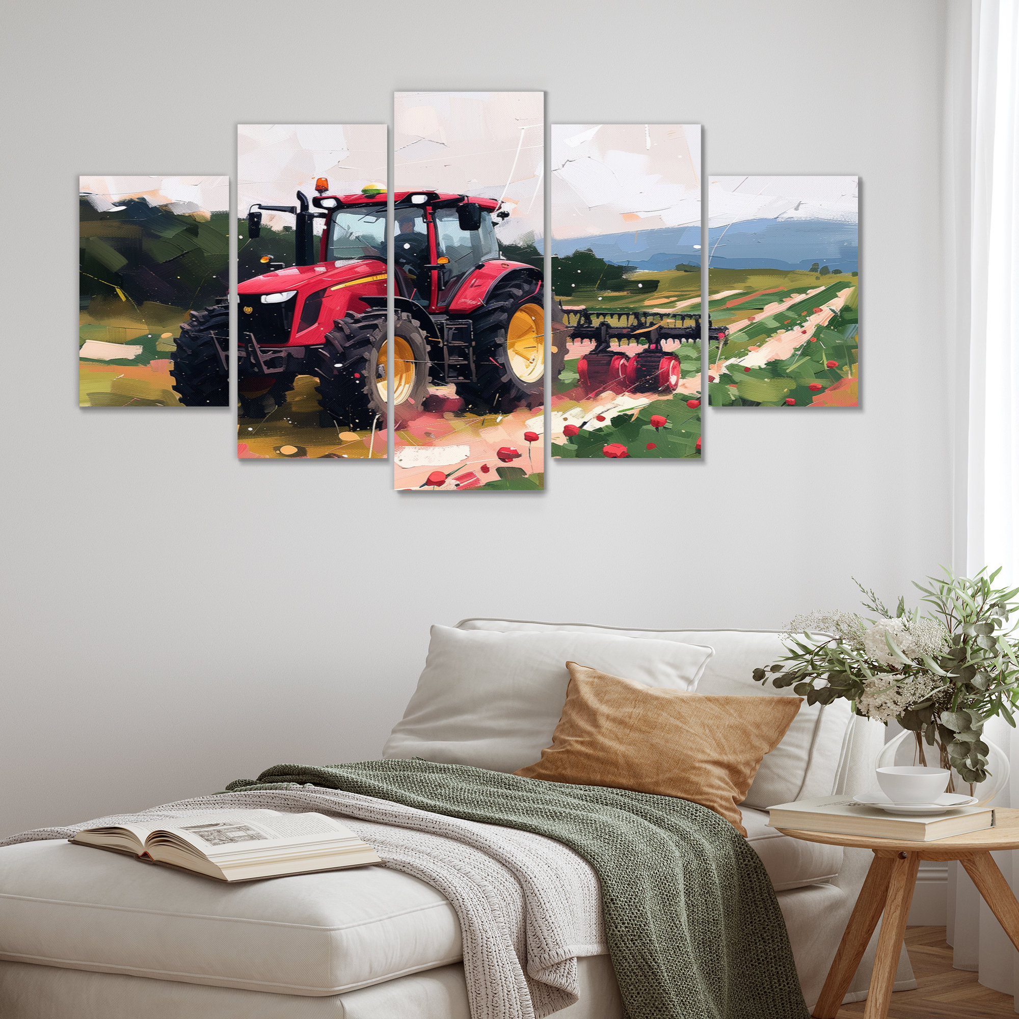Design Art Pink Green Working Tractor Countryside I - Countryside